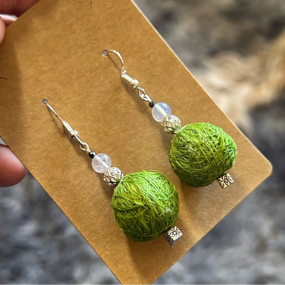 Handcrafted natural raffia bead opalite glass faceted hematite earrings